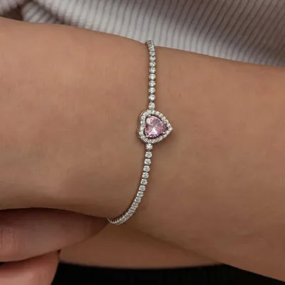 Gümüş Pembe Taşlı Kalpli Su Yolu Bileklik
