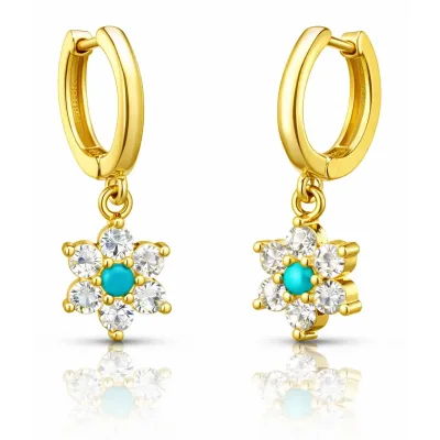 Gümüş Mavi Taşlı Gold Çiçek Kadın Küpe