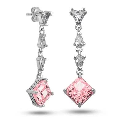 Gümüş Ice Cut Pembe Zirkon Taşlı Işıltılı Kadın Küpe