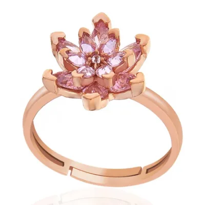 Gümüş Rose Pembe Taşlı Lotus Çiçeği Kadın Yüzük