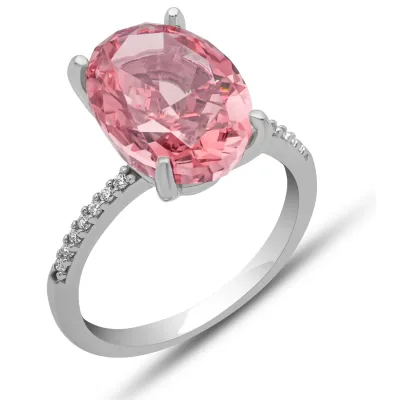 Gümüş Ice Cut Oval Pembe Zirkon Taşlı Kadın Yüzük