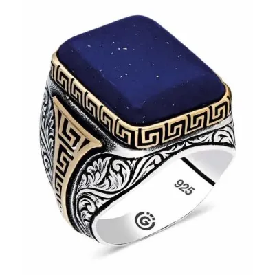 Gümüş Koyu Mavi Lapis Taşlı Kare Erkek Yüzük