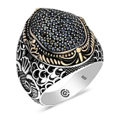 Gümüş Siyah Zirkon Taşlı Oval Erkek Yüzük