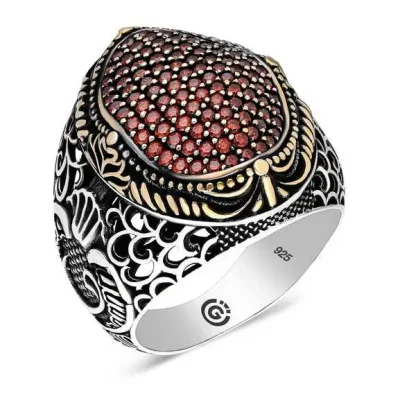 Gümüş Kırmızı Zirkon Taşlı Oval Erkek Yüzük