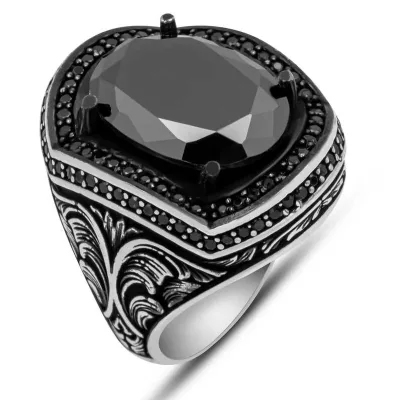 Gümüş Siyah Zirkon Taşlı Oval Erkek Yüzük