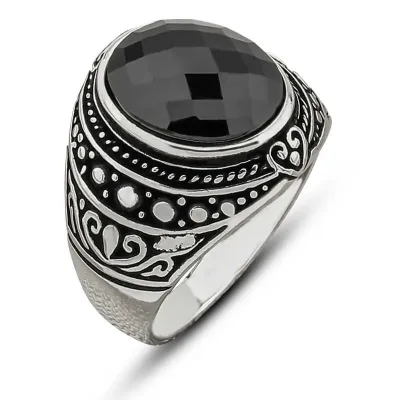 Gümüş Siyah Zirkon Taşlı Oval Erkek Yüzük