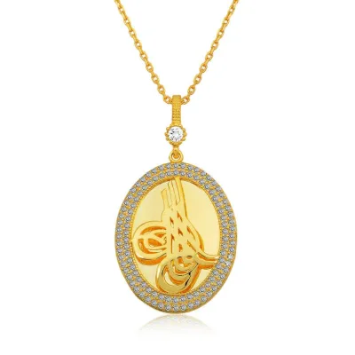 Gümüş Gold Tuğralı Oval Bayan Kolye