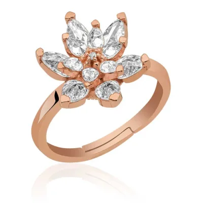 Gümüş Rose Beyaz Taşlı Lotus Çiçeği Yüzük