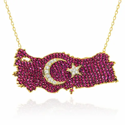 Gümüş Gold Ay Yıldız Türkiye Haritası Kadın Kolye