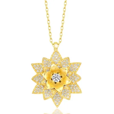 Gümüş Gold Beyaz Taşlı Lotus Çiçeği Kadın Kolye