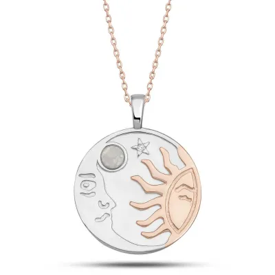 Gümüş Rose Opal Beyaz Taşlı Ay Güneş Kadın Kolye