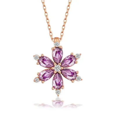 Gümüş Rose Mor Lotus Çiçeği Kadın Kolye