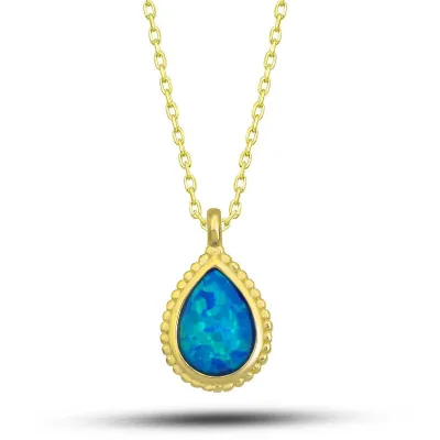 Gümüş Gold Damla Mavi Opal Taşlı Kadın Kolye