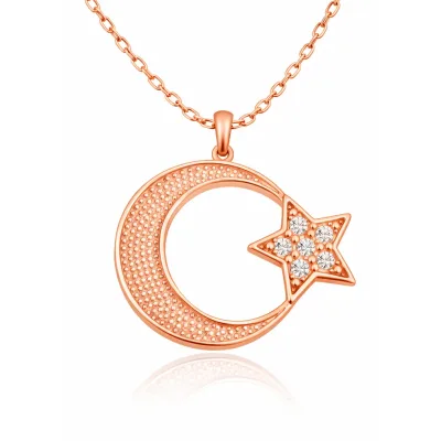 Gümüş Rose Ay Yıldız Kadın Kolye