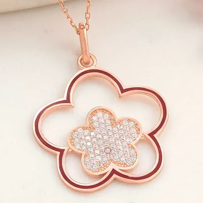 Gümüş Rose Çiçek Desenli Kadın Kolye