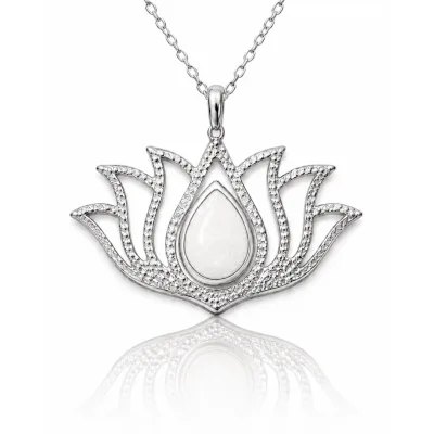 Gümüş Beyaz Opal Taşlı Lotus Kadın Kolye