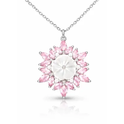Gümüş Pembe Lotus Desenli Çiçek Kadın Kolye