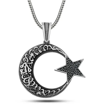 Gümüş Kelime-i Tevhid Yazılı Taşlı Erkek Kolye