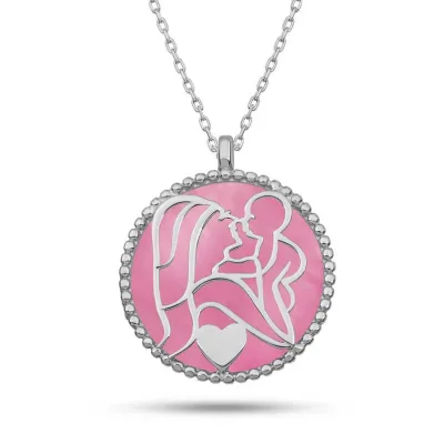 Gümüş Pembe Sedef Taşlı Anne Çocuk Sevgisi Kolye