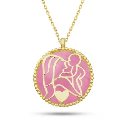 Gümüş Gold Pembe Sedef Taşlı Anne Çocuk Sevgisi Kolye