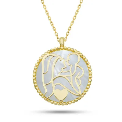 Gümüş Gold Sedef Taşlı Anne Çocuk Sevgisi Kolye