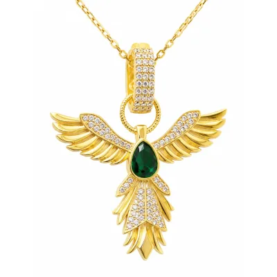 Gümüş Gold Zümrüt Taşlı Anka Kuşu Kadın Kolye