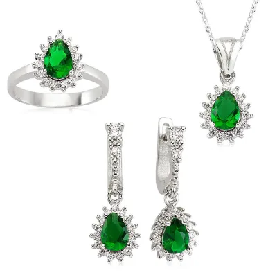 Gümüş Yeşil Taşlı Damla Bayan Set