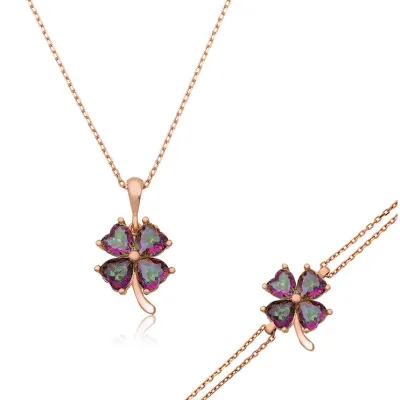 Gümüş Mistik Topaz Yonca Bayan Set