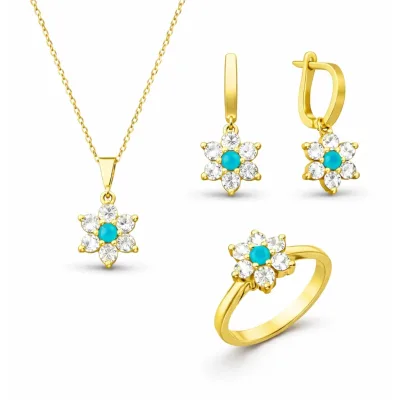 Gümüş Mavi Taşlı Gold Çiçek Kadın Set