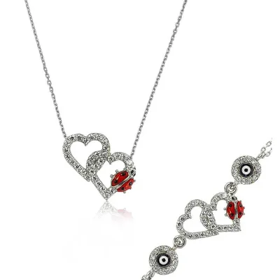 Gümüş Uğur Böcekli Kalp Set