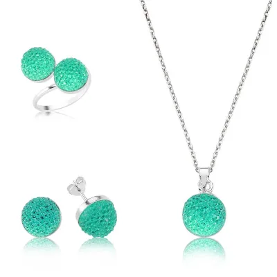 Gümüş Yeşil Kristal Taşlı Bayan Set