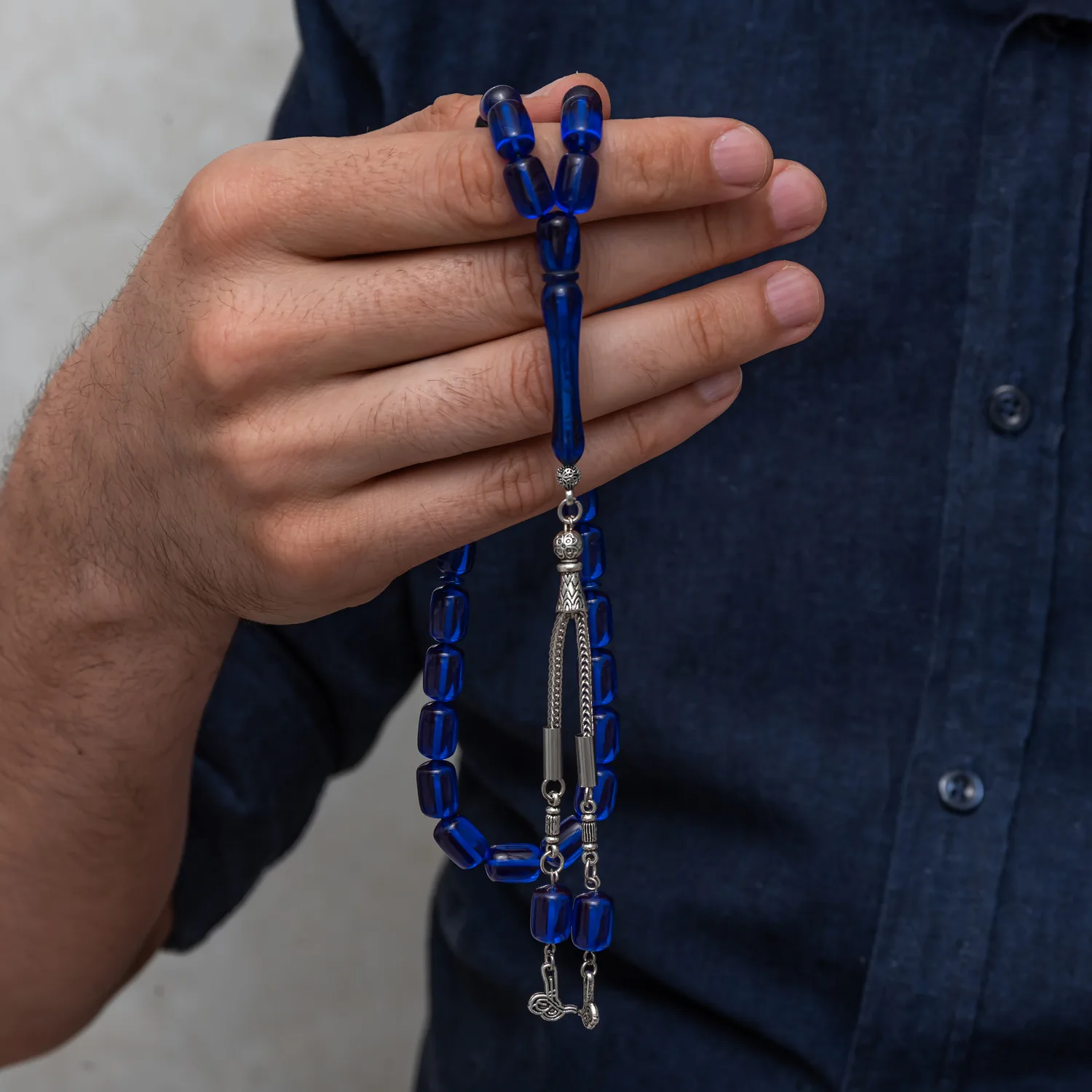 Metal Püsküllü Kapsül Kesim Lacivert Sıkma Kehribar Tesbih görsel 2