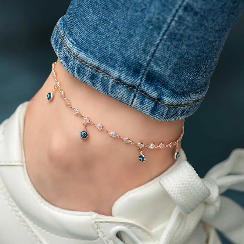 Gümüş Sıralı Zirkon Taşlı Nazarlı Rose Halhal görsel 3