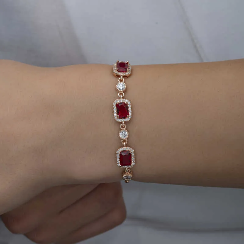Gümüş Rose Baget Kırmızı Taşlı Kadın Bileklik görsel 2