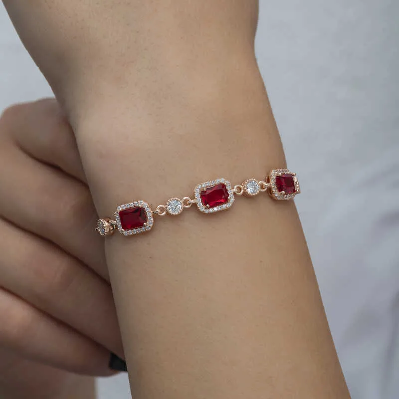 Gümüş Rose Baget Kırmızı Taşlı Kadın Bileklik görsel 5