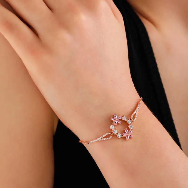 Gümüş Rose Pembe Çiçek Kadın Bileklik görsel 1