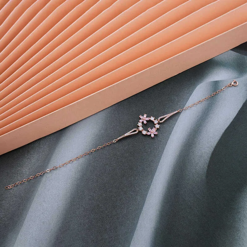 Gümüş Rose Pembe Çiçek Kadın Bileklik görsel 2