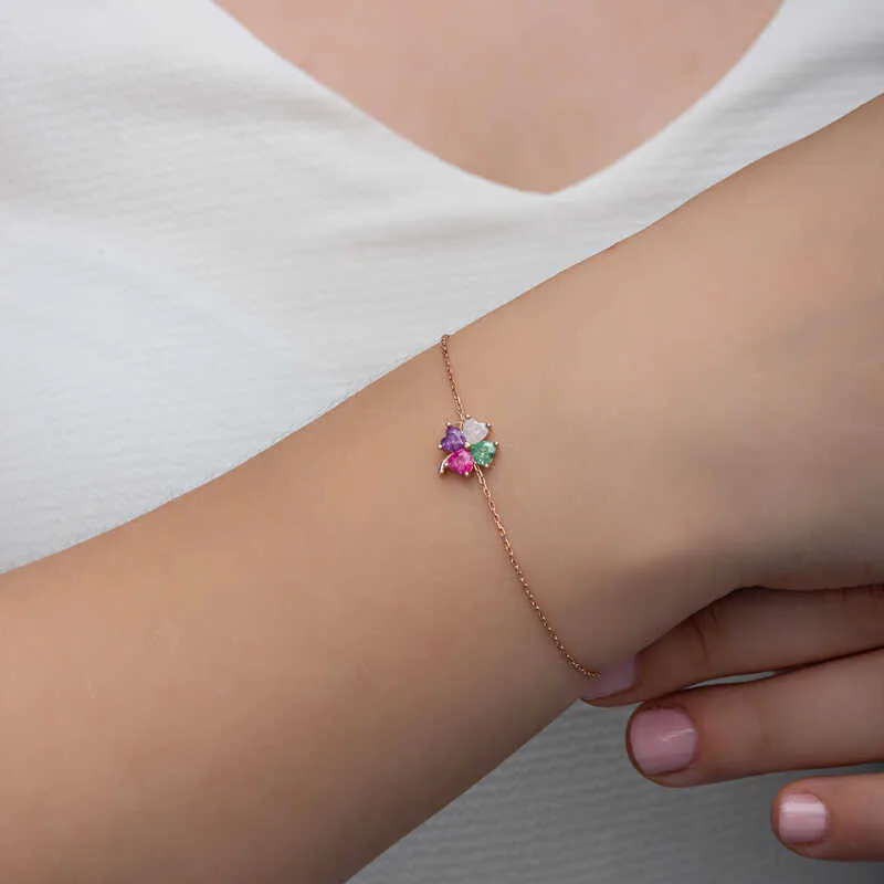 Gümüş Rose Renkli Taşlı Yonca Kadın Bileklik görsel 4