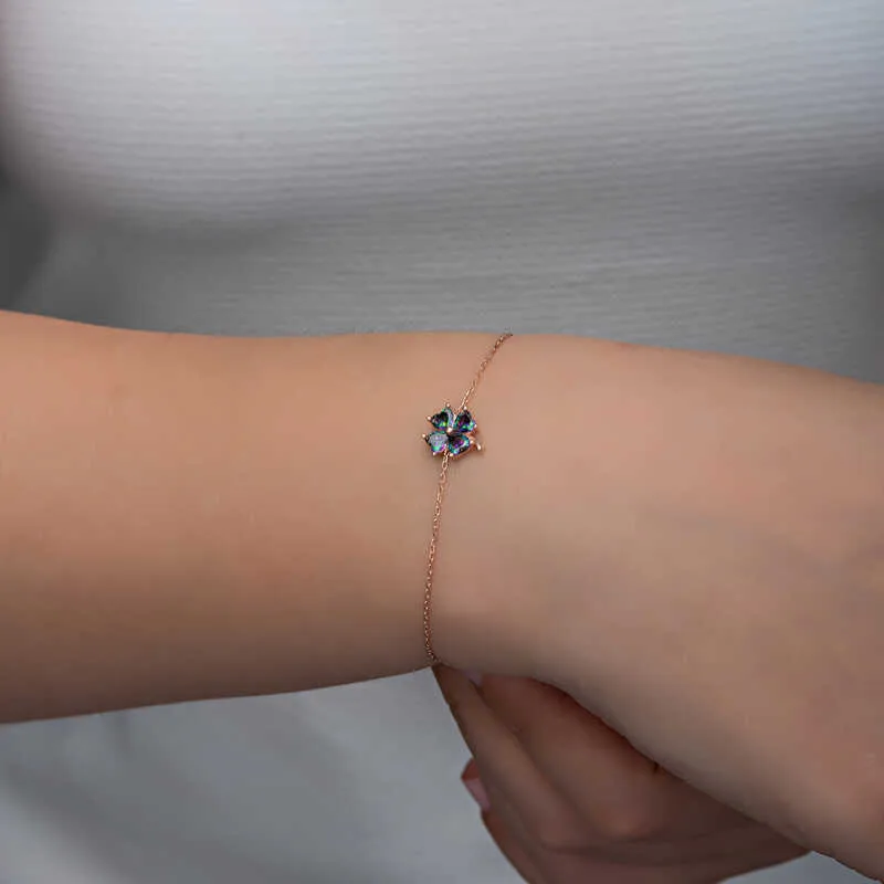 Gümüş Rose Mistik Topaz Yonca Kadın Bileklik görsel 3