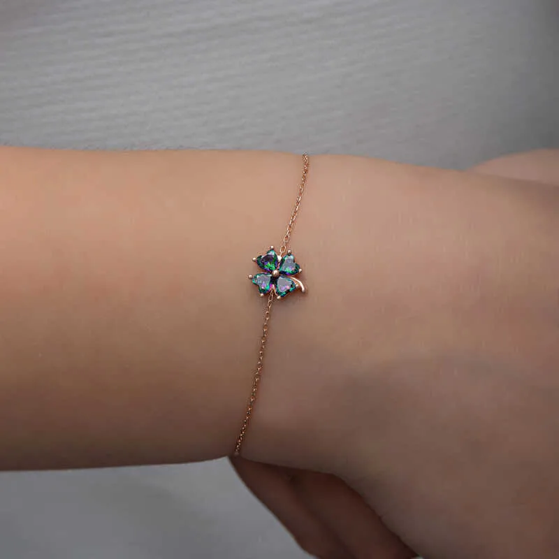 Gümüş Rose Mistik Topaz Yonca Kadın Bileklik görsel 4