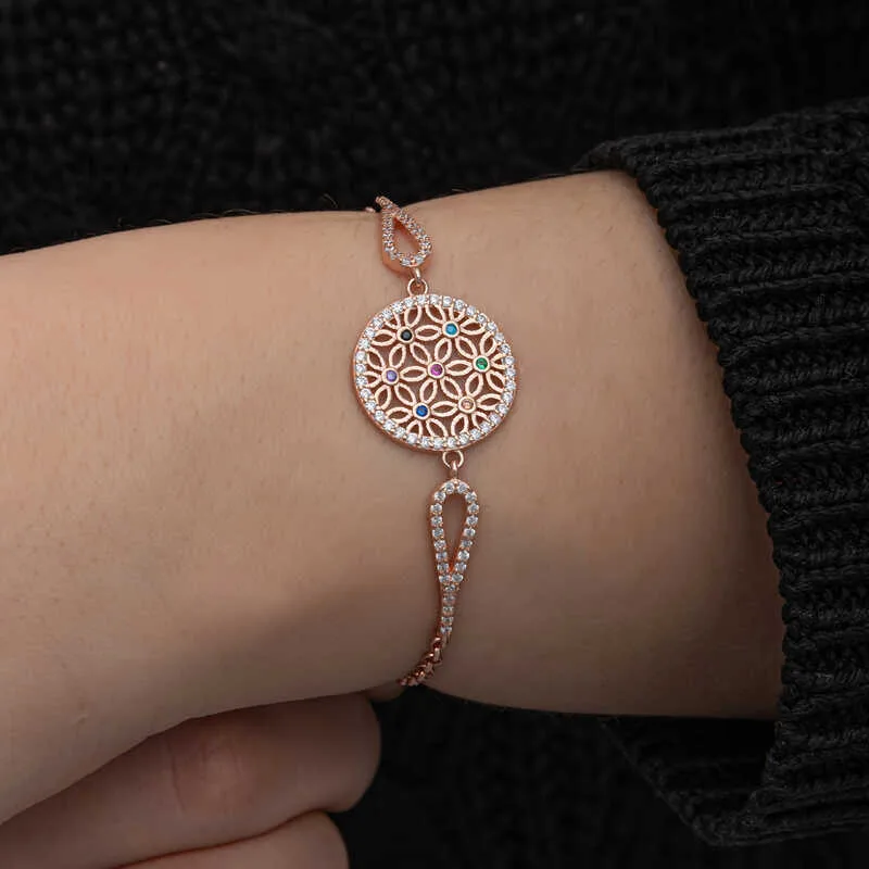 Gümüş Rose Renkli Yaşam Çiçeği Kadın Bileklik görsel 1