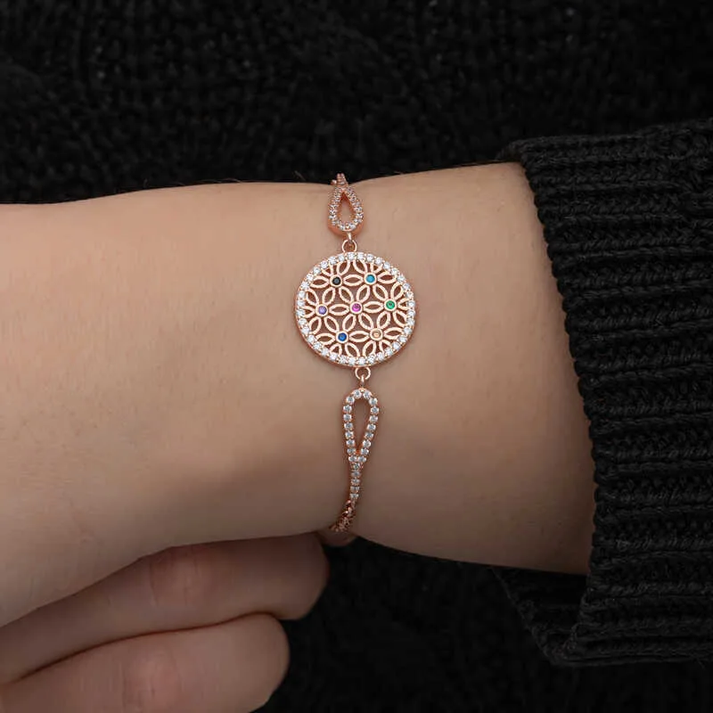 Gümüş Rose Renkli Yaşam Çiçeği Kadın Bileklik görsel 3