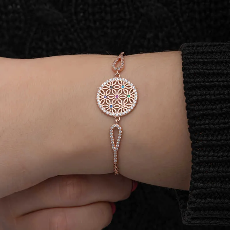 Gümüş Rose Renkli Yaşam Çiçeği Kadın Bileklik görsel 4