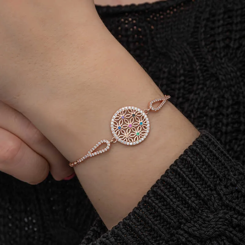 Gümüş Rose Renkli Yaşam Çiçeği Kadın Bileklik görsel 5