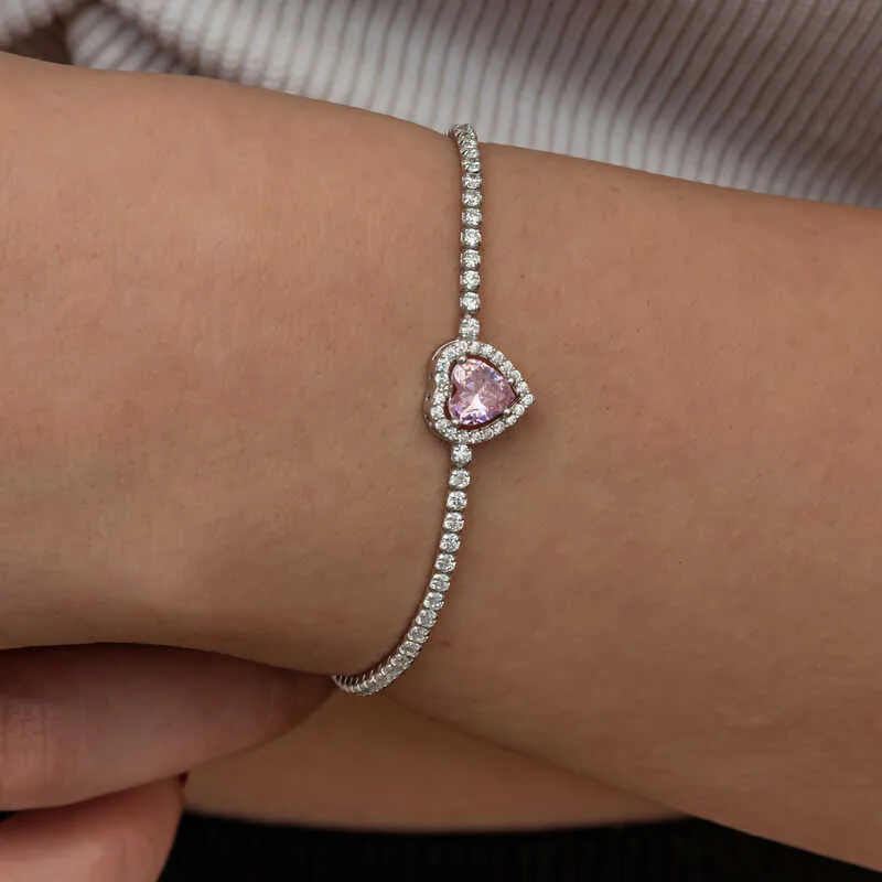 Gümüş Pembe Taşlı Kalpli Su Yolu Bileklik görsel 1