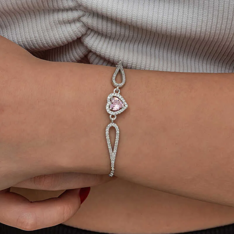 Gümüş Pembe Zirkon Taşlı Kalp Bileklik görsel 1