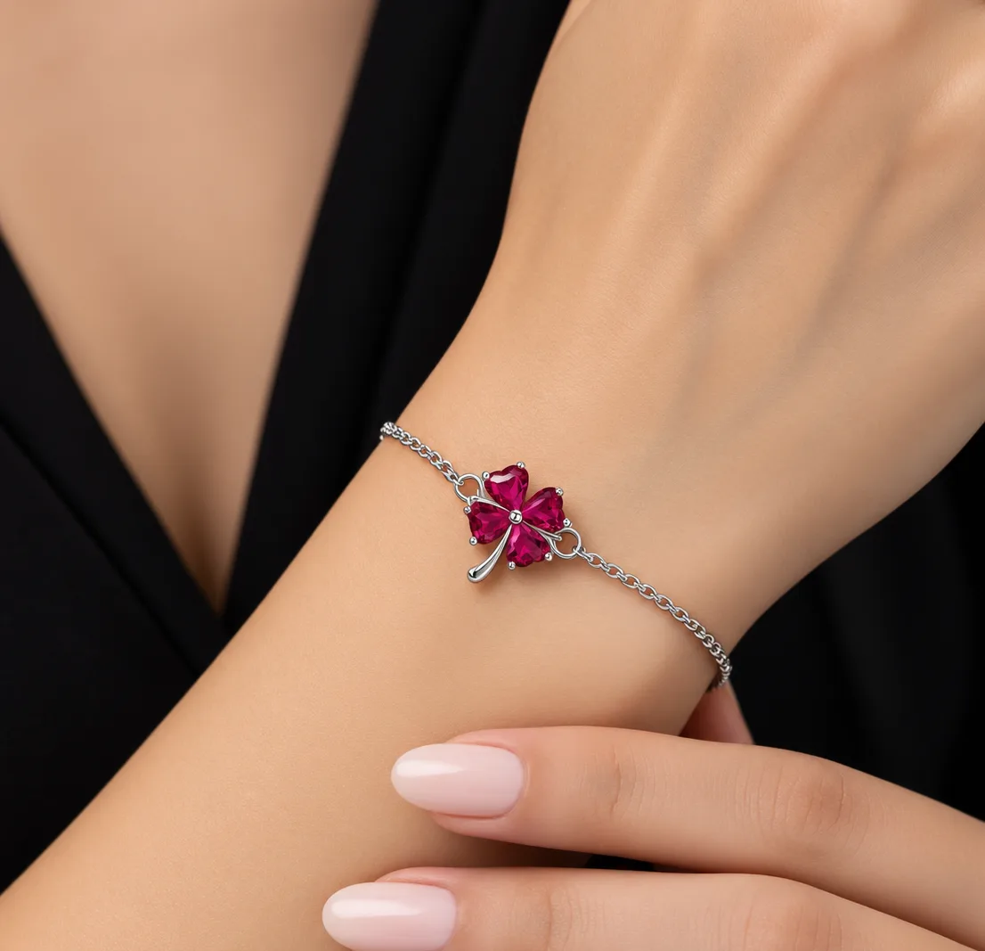 Gümüş Koyu Pembe Taşlı Yonca Kadın Bileklik görsel 2