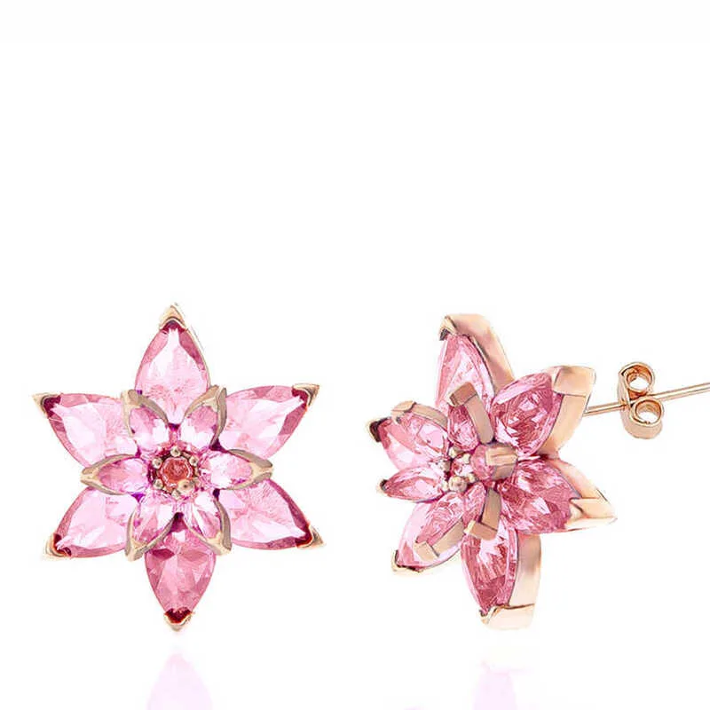 Gümüş Rose Pembe Lotus Çiçeği Çivili Kadın Küpe görsel 1