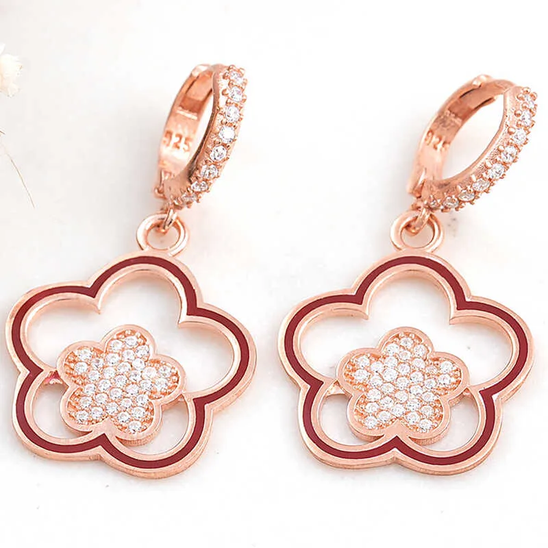 Gümüş Rose Sallantılı Çiçek Desenli Kadın Küpe görsel 1