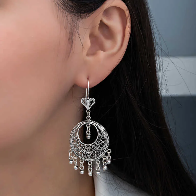 Gümüş Çember Telkari Sallantılı Kadın Küpe görsel 3